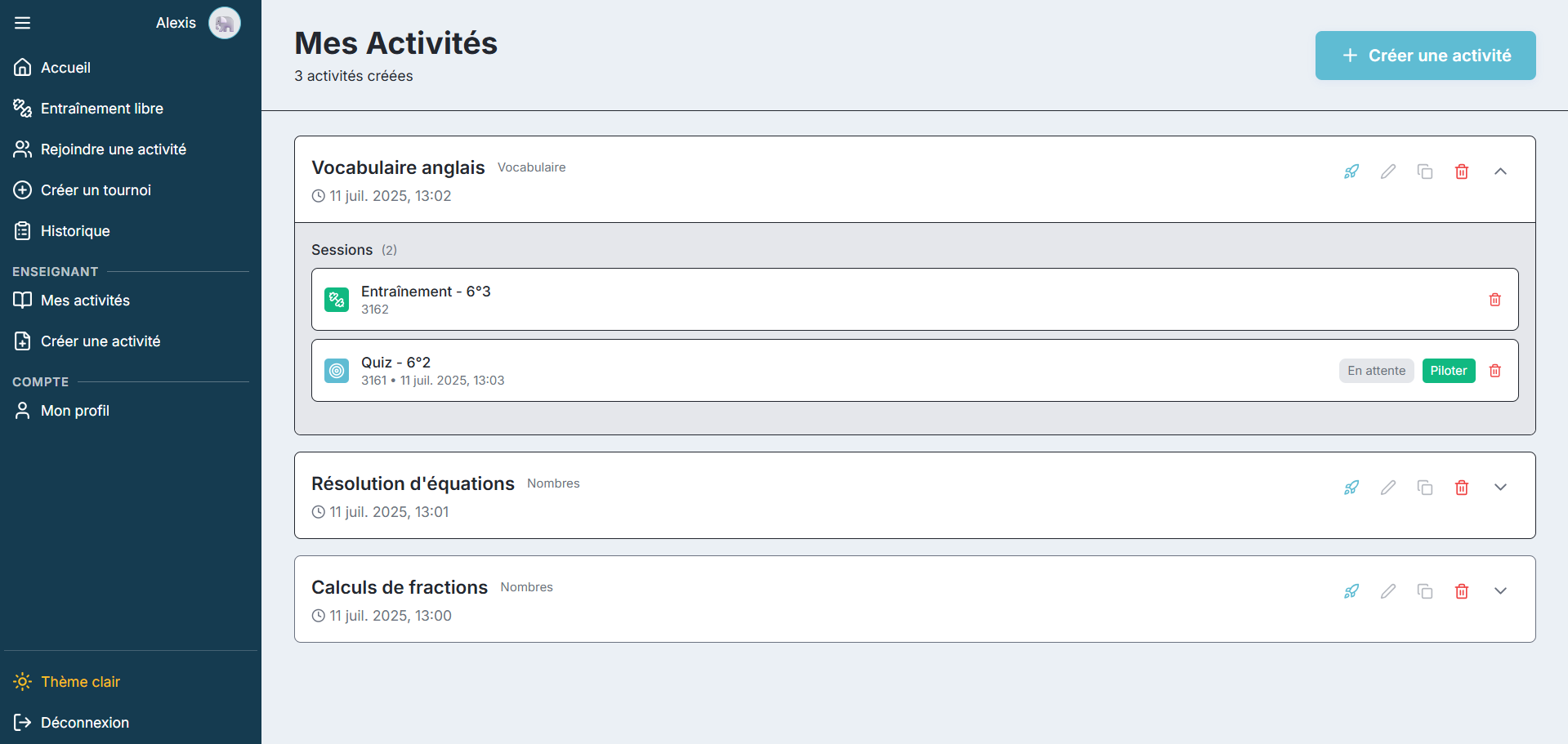Activités — listing et instanciation