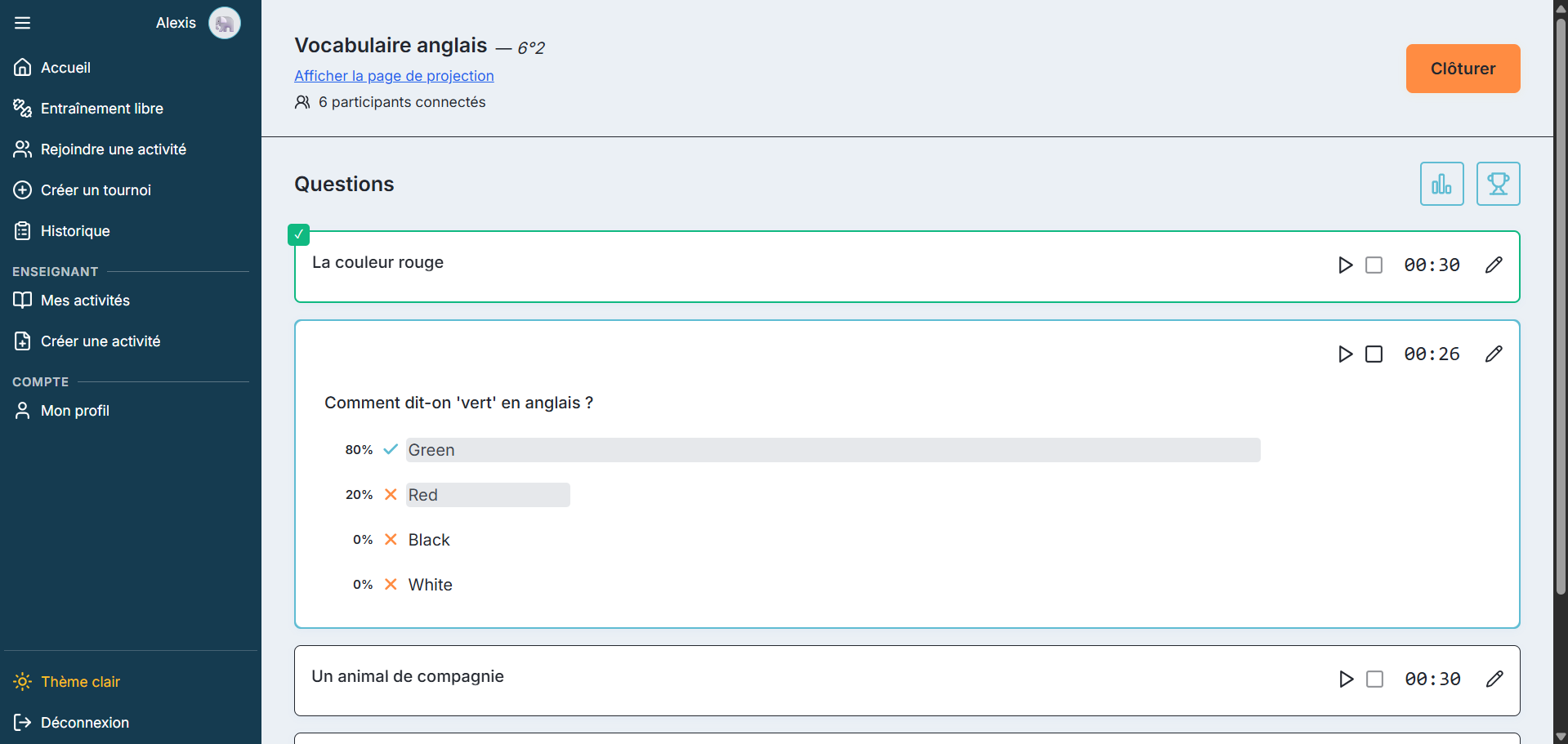 Tableau de bord enseignant — gestion des quiz